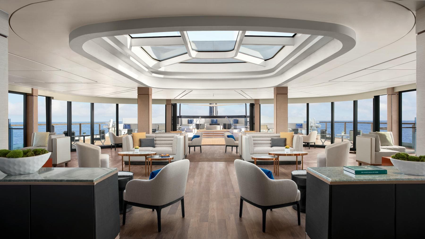 Light-filled observation lounge with panoramic ocean views